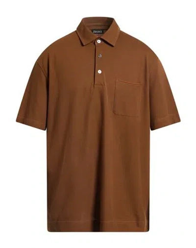 Zegna Man Polo Shirt Camel Size 46 Cotton In Brown