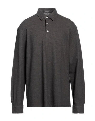 Zegna Man Polo Shirt Lead Size 46 Cotton, Cashmere, Calfskin In Grey