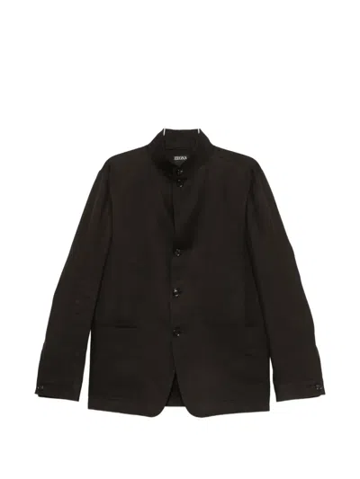Zegna Mandarin-collar Buttoned Jacket In Brown