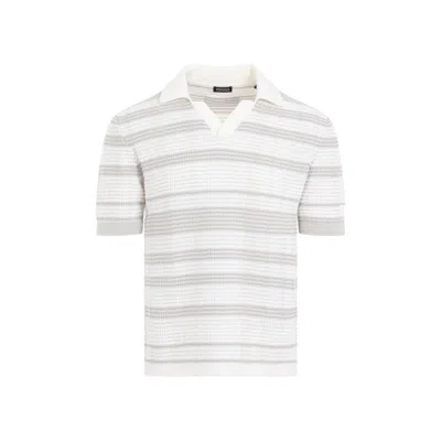 Zegna Stripe-pattern Cotton-blend Polo Shirt In White/dark Taupe