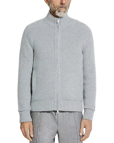 ZEGNA MELANGE OASI RIBBED ZIP FRONT CASHMERE CARDIGAN