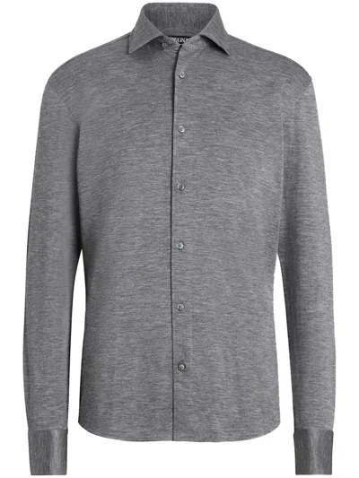 Zegna Phillip Button Front Shirt In Grey Mélange