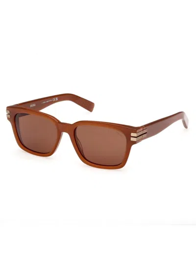 Zegna Men's 55mm Rectangular Sunglasses In Rust Brown Brown
