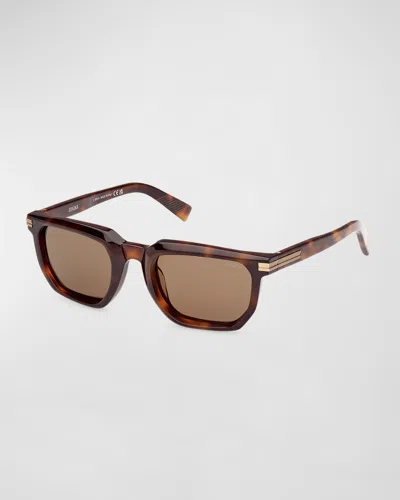 Zegna Men's Acetate Rectangle Sunglasses In Dark Havana Roviex