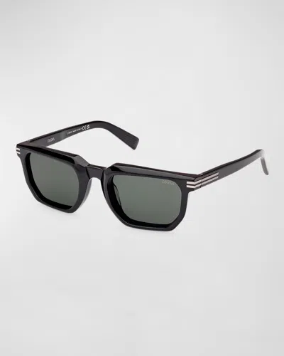 Zegna Men's Acetate Rectangle Sunglasses In Shiny Black/green
