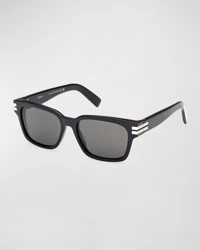 Zegna Men's Acetate Rectangle Sunglasses In Shiny Black Smoke