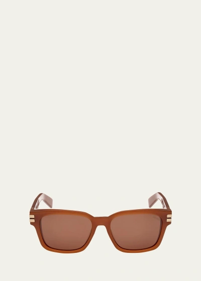 Zegna Men's Acetate Rectangle Sunglasses In Shiny Light Brown