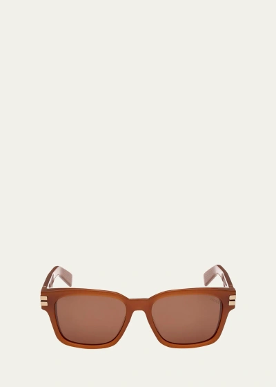 Zegna Men's Acetate Rectangle Sunglasses In Shiny Light Brown Brown