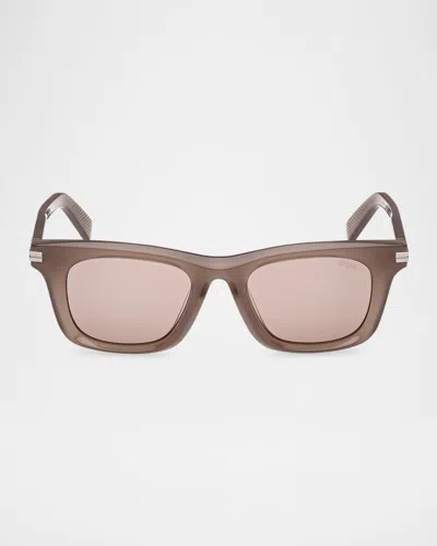 Zegna Men's Acetate Round Sunglasses In Shiny Milky Toupe Grey Matte Light Ruthenium