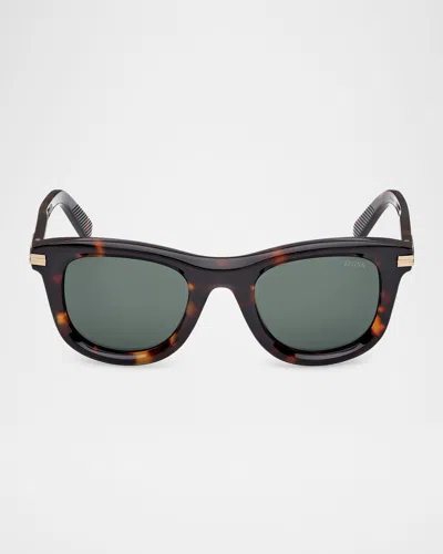 Zegna Men's Acetate Square Sunglasses In Shiny Dark Havana Matte Brass