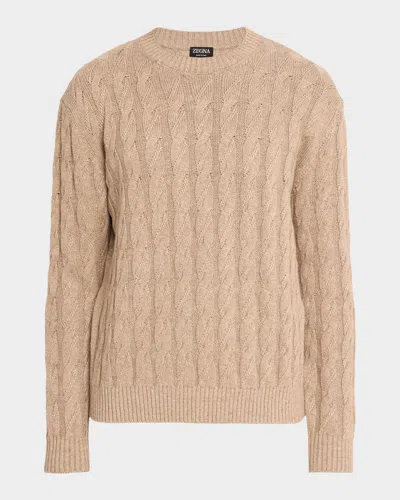 Zegna Men & Apos;s Beige Melange Cable-knit Crewneck Sweater In Brown