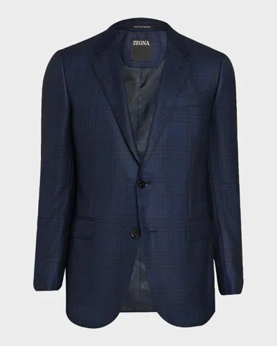 Zegna Men & Apos;s Cashmere And Silk Check Single-breasted Sport Coat In Nvy Dk Blu