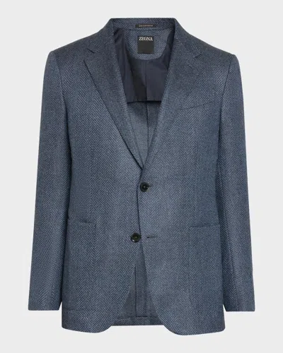 Zegna Men & Apos;s Wool And Cotton Chevron Single-breasted Sport Coat In Blue