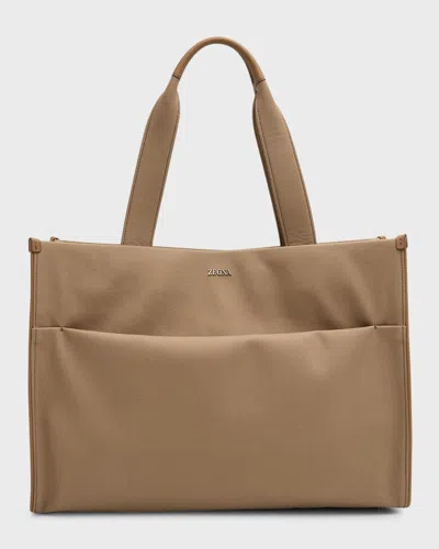 Zegna Men's Canvas And Leather Tote Bag In Beige