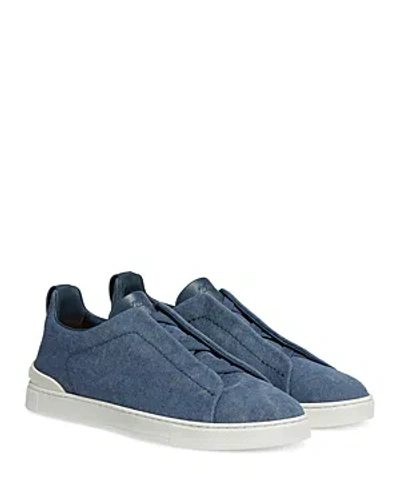 Zegna Baskets Basses Triple Stitch En Toile Bleue In Blue