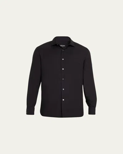 Zegna Men's Cashco Cashmere-cotton Sport Shirt In Black Solid