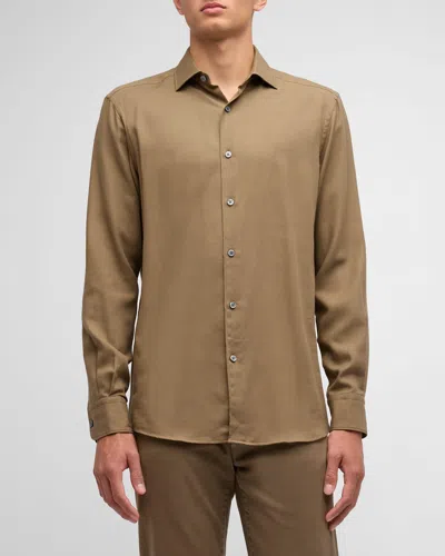 Zegna Men's Cashco Cotton And Cashmere Sport Shirt In Dk Grn Sld