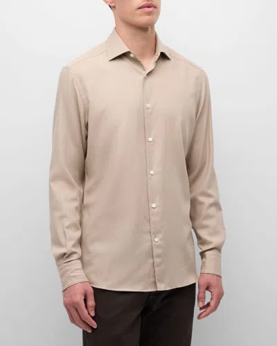 Zegna Solid Silk Long Sleeve Shirt In Light Taupe