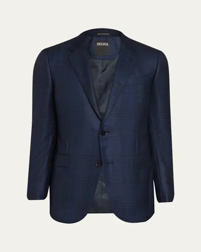 Zegna Men's Cashmere And Silk Check Single-breasted Sport Coat In Blue