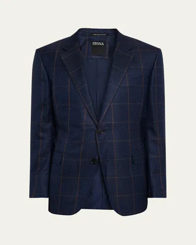 Zegna Men's Cashmere And Silk Houndstooth Check Sport Coat In Blue