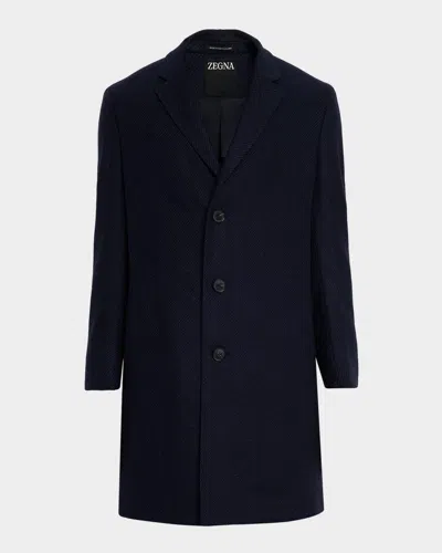 Zegna Men's Cashmere And Silk Stripe Twill Top Coat In Blue