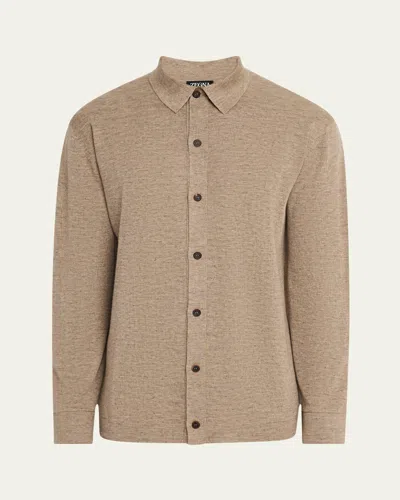 Zegna Men's Cashmere-blend Casual Button-down Shirt In Lt Bge Sld