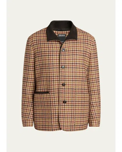 Zegna Men's Cashmere Houndstooth Shirt Jacket In Lt Bge Ck
