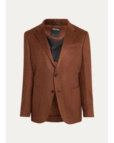 Zegna Men's Cashmere-silk Houndstooth Single-breasted Sport Coat In Dk Brw Ck