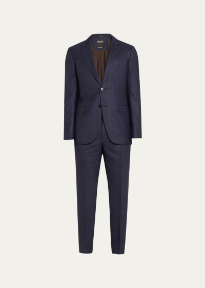 Zegna Men's Centoventimila Wool Plaid Suit In Blue Navy Check