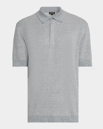 Zegna Men's Concealed-placket Jacquard Polo Shirt In Gray