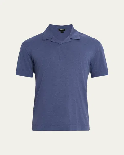Zegna Men's Cotton And Silk Polo Shirt In Md Blu Sld