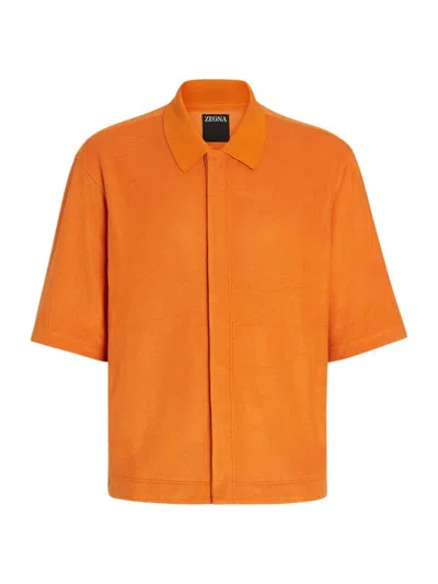 Zegna Short-sleeve Cotton-silk Shirt In Orange Vif