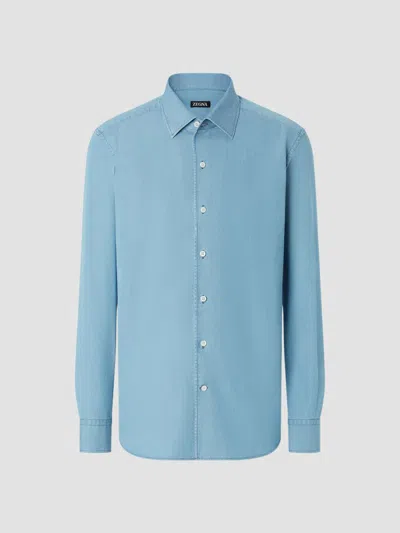 Zegna Light Blue Cotton-denim Shirt In Multi