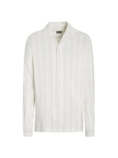 Zegna Men's Cotton Linen And Silk Crossover Blend Shirt In Blanc/marron Foncé
