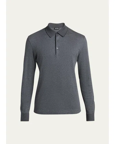Zegna Men's Cotton Pique Long-sleeve Polo Shirt In Dk Gry Sld