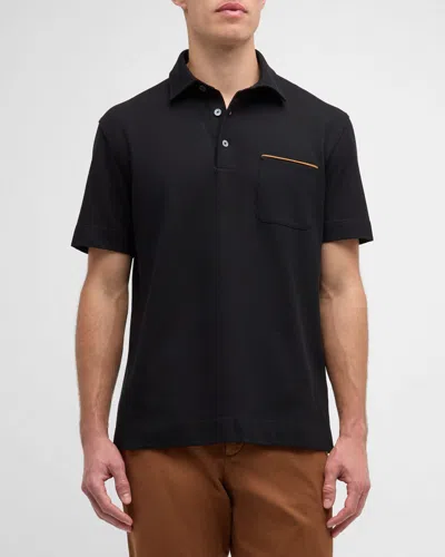 Zegna Men's Cotton Polo Shirt With Leather-trim Pocket In Black Solid