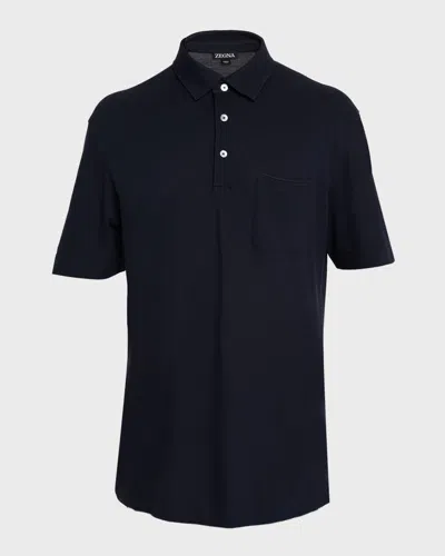 Zegna Men's Cotton Polo Shirt With Leather-trim Pocket In Black