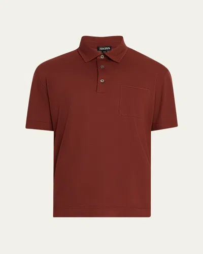 Zegna Men's Cotton Polo Shirt With Leather-trim Pocket In Lt Org Sld