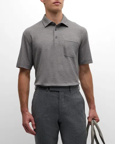 Zegna Men's Cotton Polo Shirt With Leather-trim Pocket In Gray