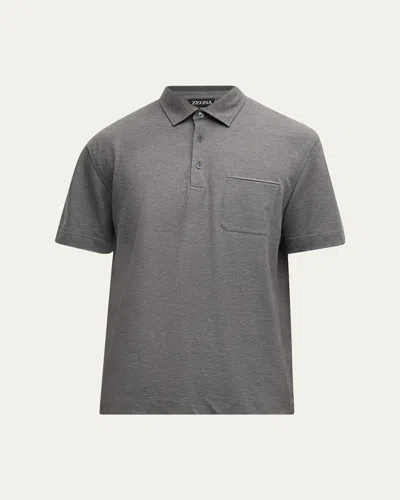 Zegna Men's Cotton Polo Shirt With Leather-trim Pocket In Medium Gray Solid