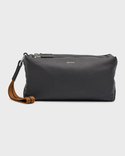 Zegna Men's Deerskin Double-zip Pouch In Blk Sld