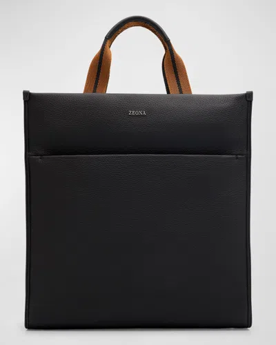 Zegna Logo-plaque Leather Tote Bag In Black