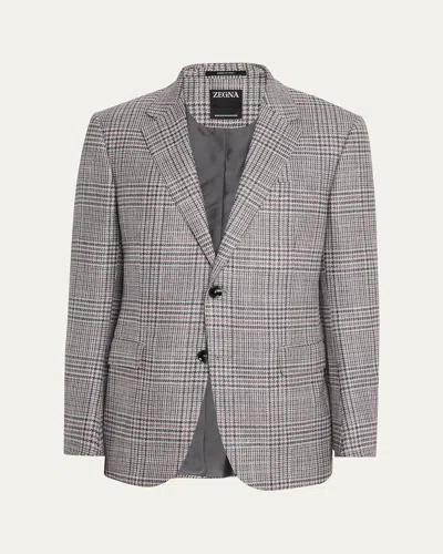 Zegna Men's Glen Plaid Winter Crossover Single-breasted Sport Coat In Silver