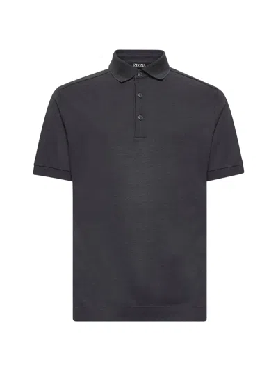 Zegna Men Grey Cotton And Silk Piquet Polo Shirt In Blue