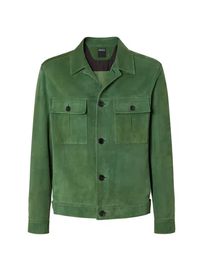 Zegna Men's Leather Blouson Jacket In Green