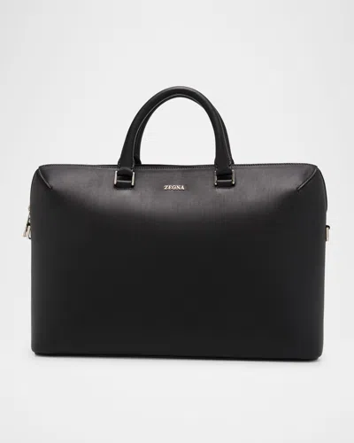 Zegna Men's Leather Business Briefcase In Blk Sld
