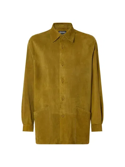 Zegna Buttoned Leather Overshirt In Green