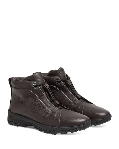 Zegna Dark Brown Leather Triple Stitch Vetta Sneakers