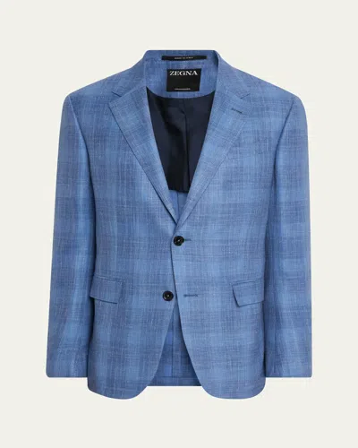 Zegna Men's Melange Check Sport Coat In Blue