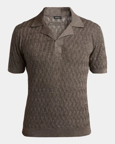 Zegna Men's Melange Diamond Mesh Polo Sweater In Brown